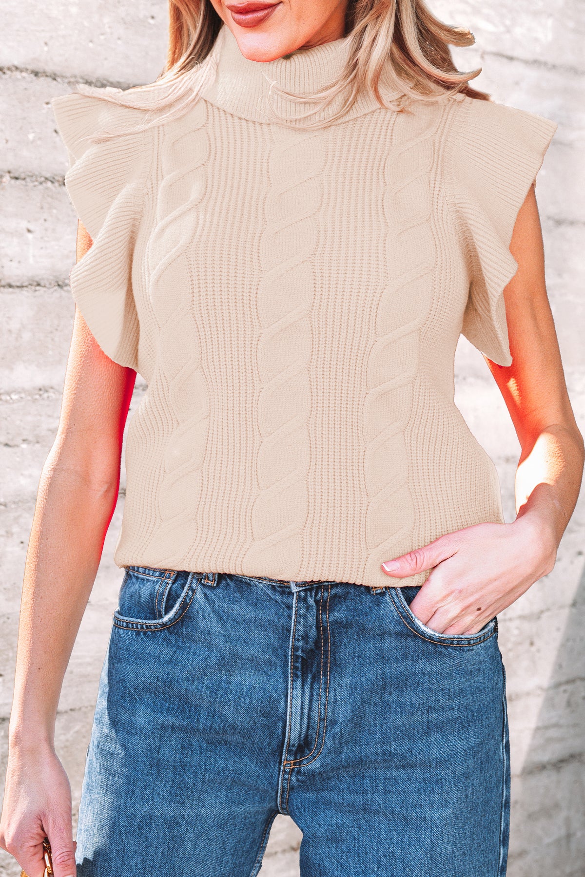 Jet Stream Cable Knit Turtleneck Ruffled Short Sleeve Sweater