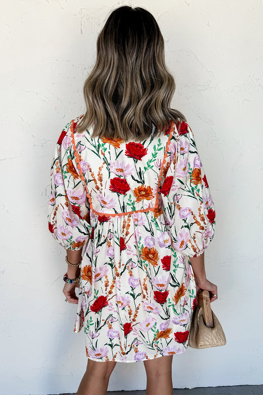 Beige Floral Print 3/4 Puff Sleeve Ricrac Trim Mini Dress