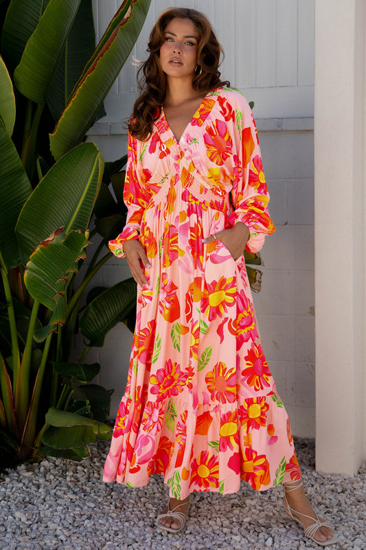 Beige Floral Print Smocked Detail V Neck Puff Sleeve Flowy Maxi Dress