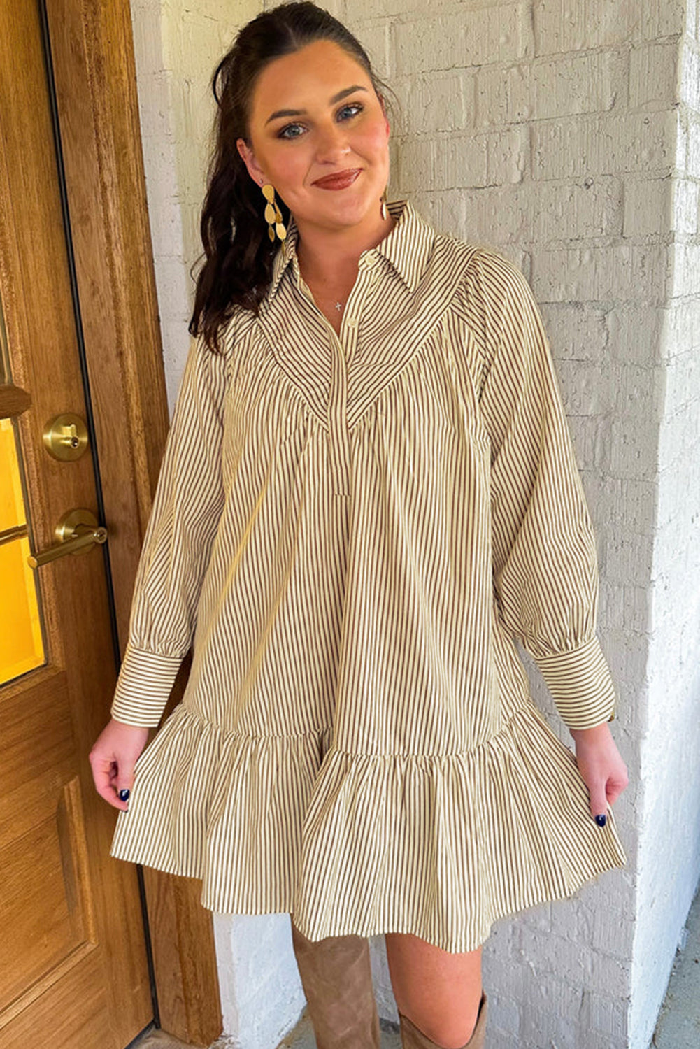 Brown Stripe Collared Neck Cuffed Long Sleeve Drop Waist Mini Dress