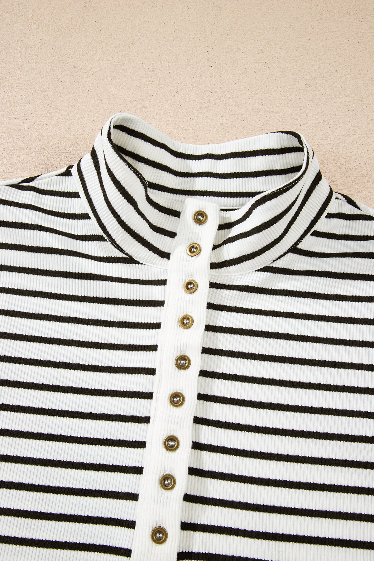 Black Stripe Ribbed Knit Half Button Long Sleeve Slim Top