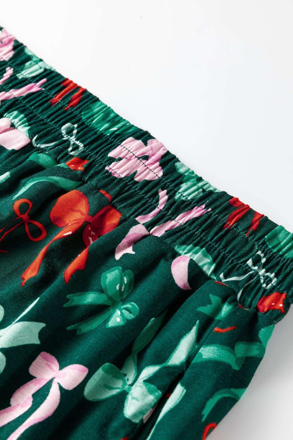 Green Festive Bow Print Long Sleeve Shirt and Pajama Short Set