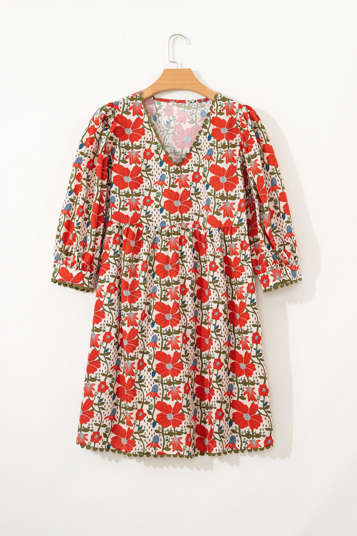 Red Floral Print Ricrac Trim V Neck 3/4 Sleeve Loose Mini Dress