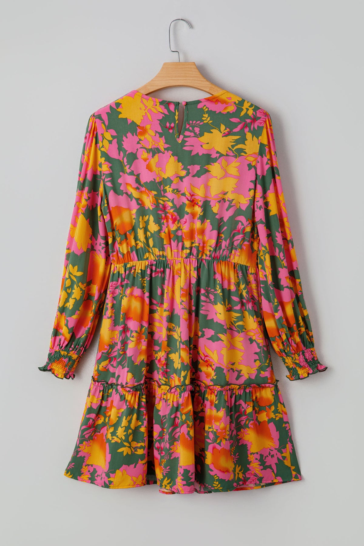 Multicolour Floral Print Long Sleeve Smocked Ruffled Mini Dress