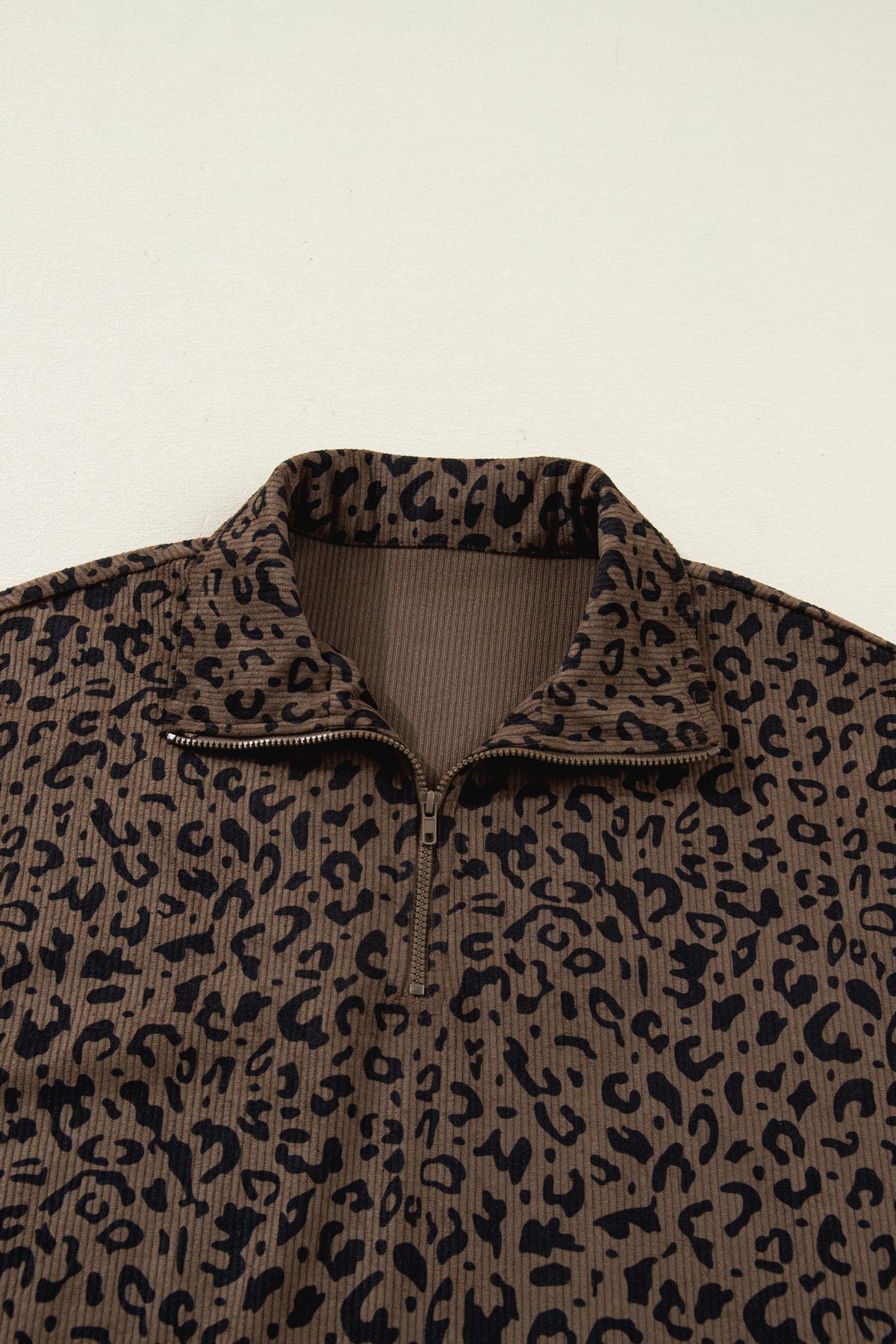 Brown Leopard Print Quarter Zip Corduroy Sweatshirt