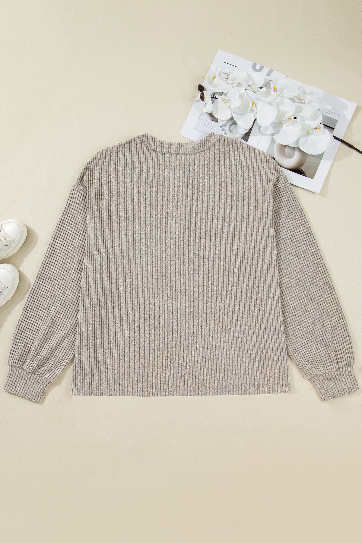 Simply Taupe Plus Size Ribbed Knit Kangaroo Pocket Henley Long Sleeve Top