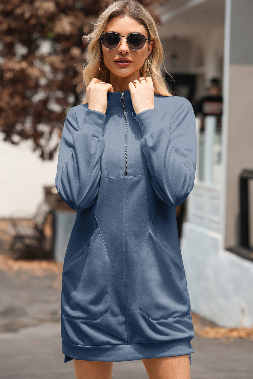 Ivy Zip up Collared Ribbed Patchwork Sweatshirt Dress with Pockets