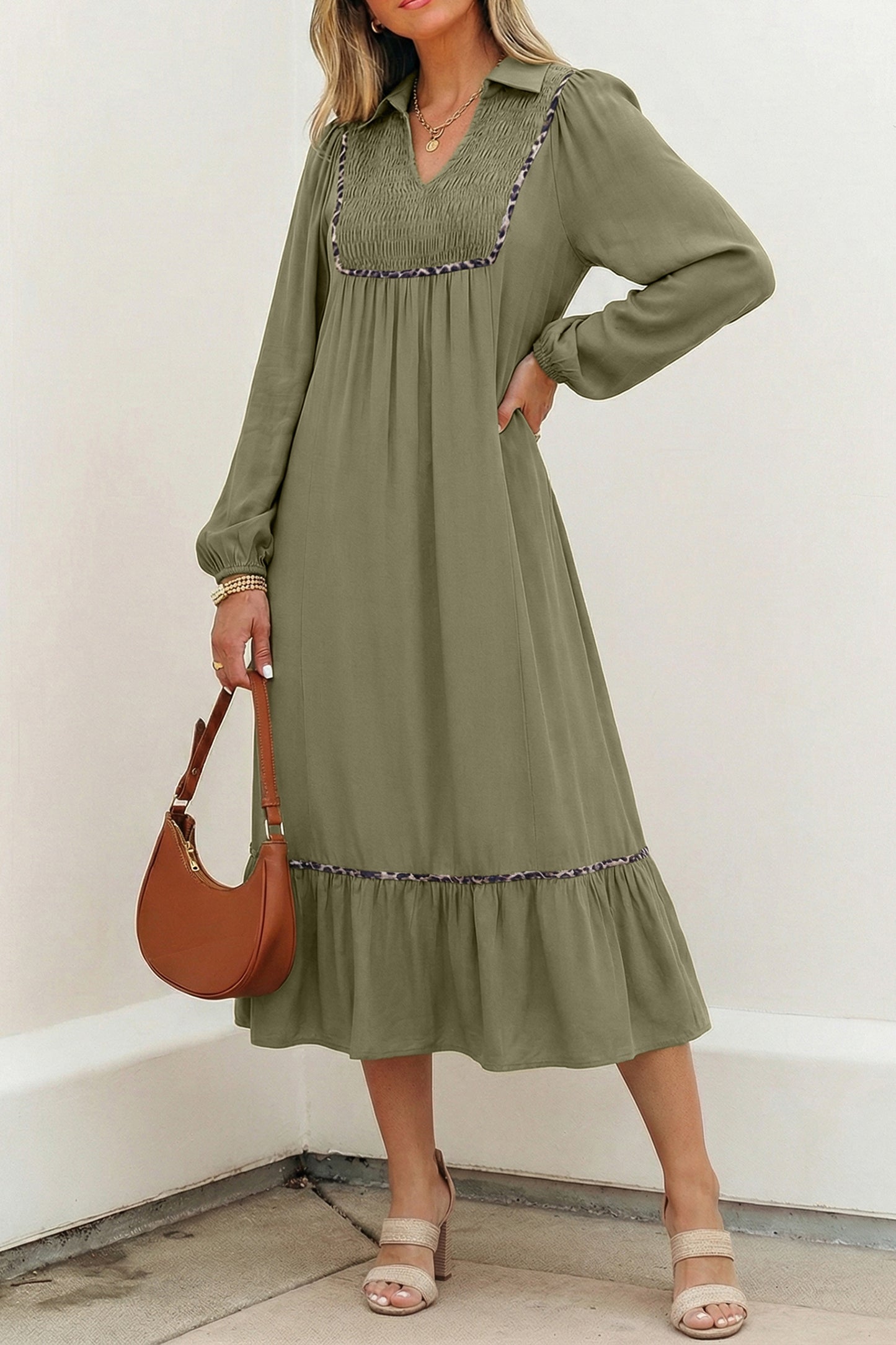 Four Leaf Clover Collared V Neck Smocked Detail Contrast Leopard Trim Bracelet Sleeve Long Dress