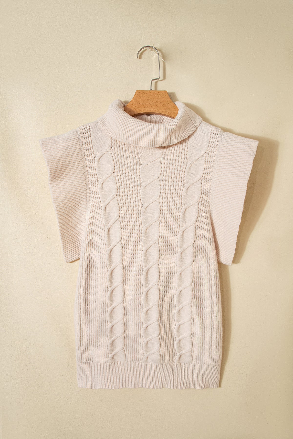 Jet Stream Cable Knit Turtleneck Ruffled Short Sleeve Sweater