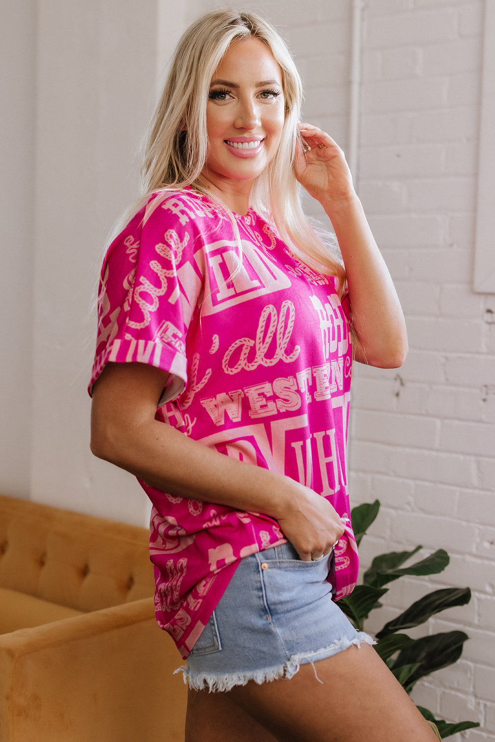 Rose Howdy Cowboy Letter Printed Western Fashion Tee