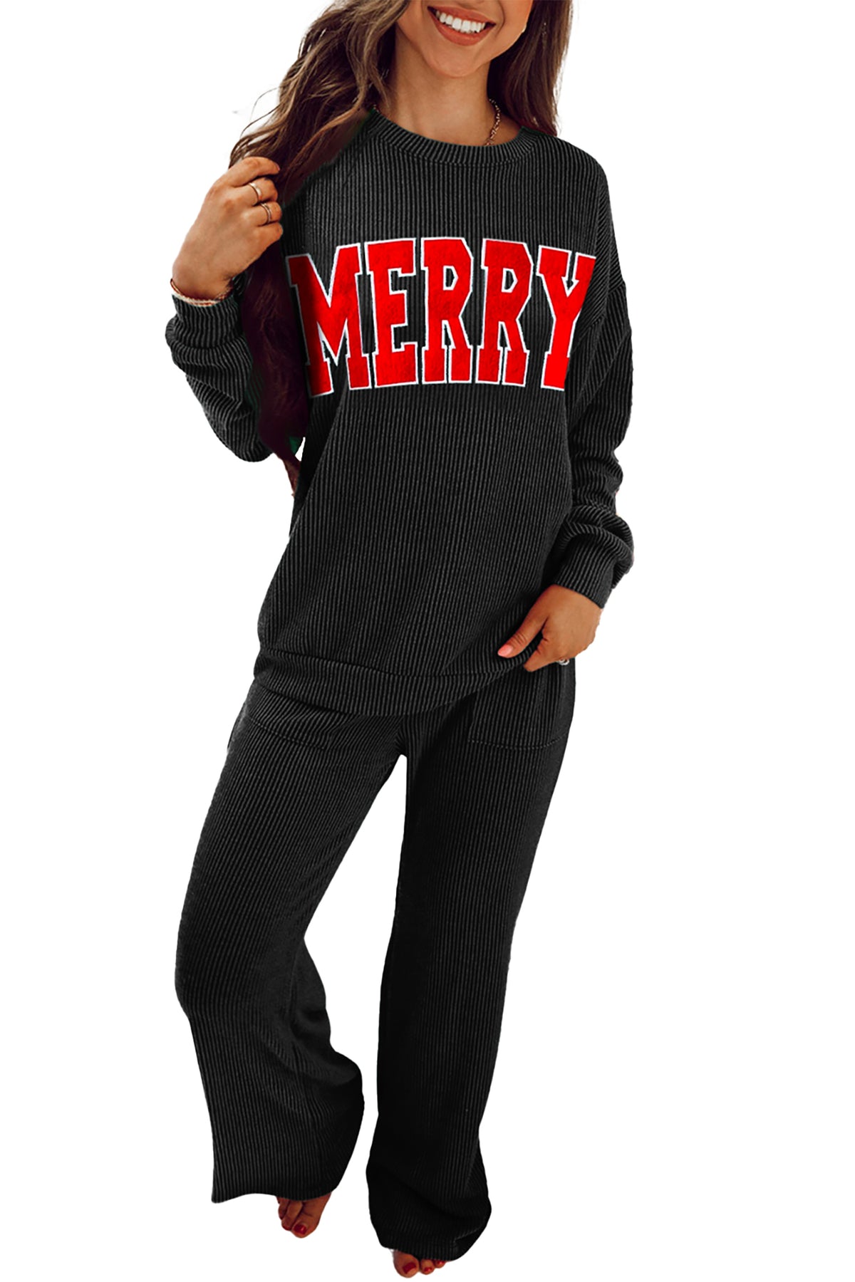 Black MERRY Corded Long Sleeve Top and Pockets Pants Set