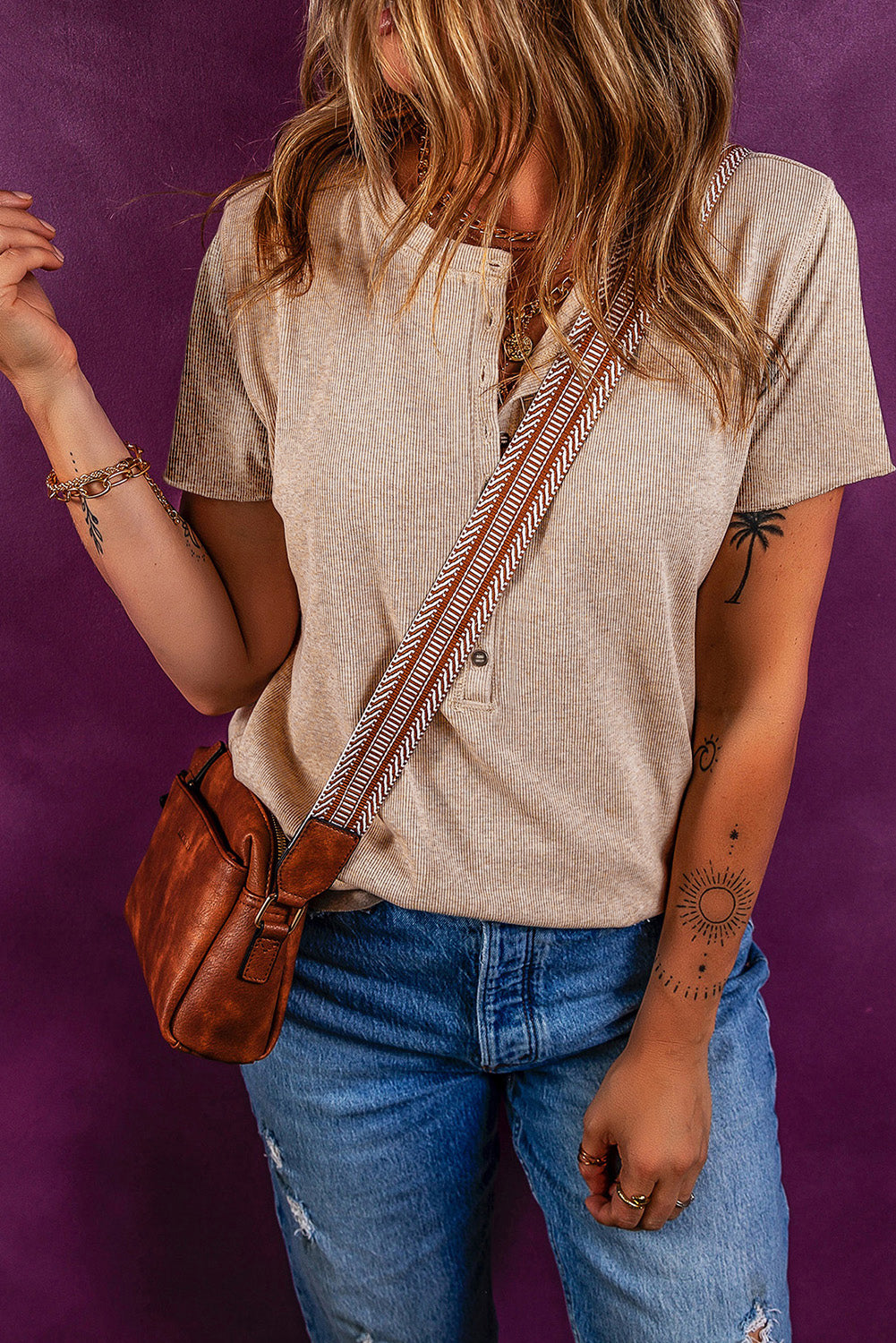 Oatmeal Short Sleeve Half Button Ribbed Knit Top