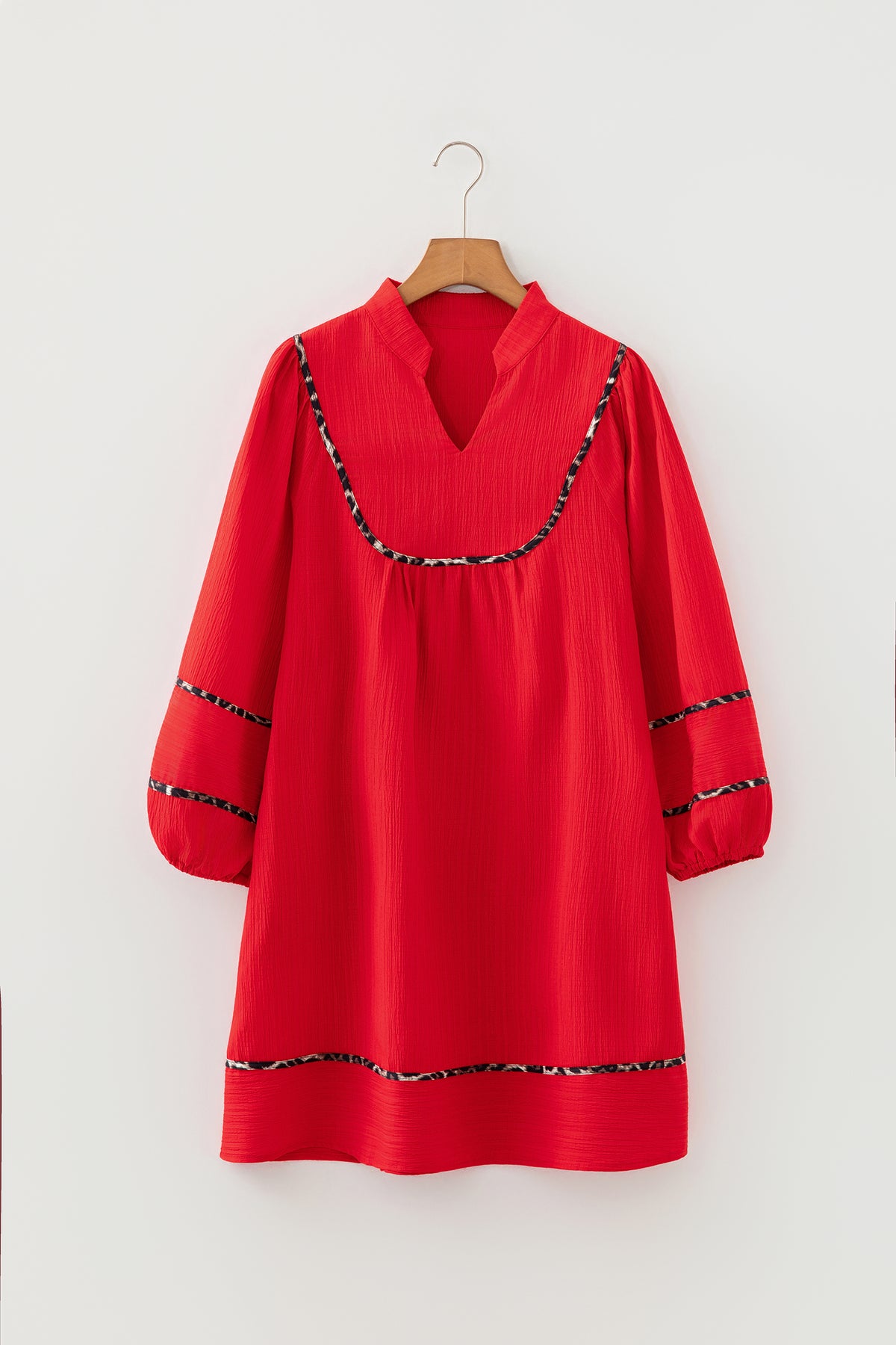 Fiery Red Textured V Neck Leopard Contrasted Trim Long Sleeve Shift Mini Dress