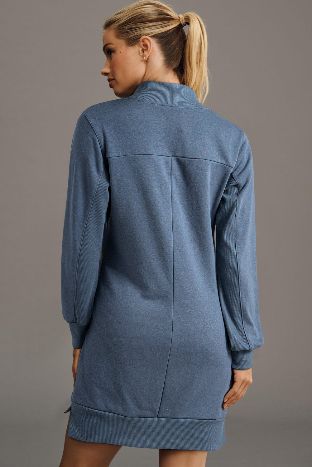Ivy Zip up Collared Ribbed Patchwork Sweatshirt Dress with Pockets
