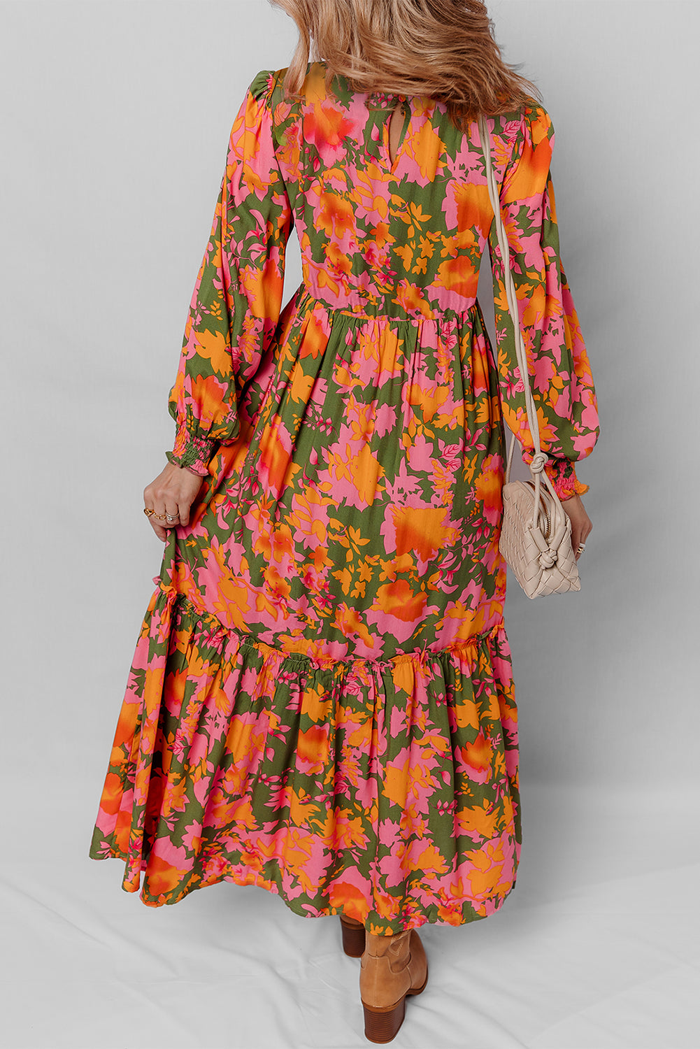 Orange Floral Puff Sleeve Smocked Bodice Ruffled Long Dress