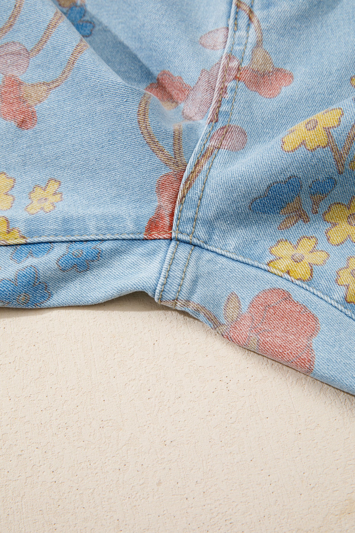 Sky Blue Floral Printed Raw Hem Shift Jeans