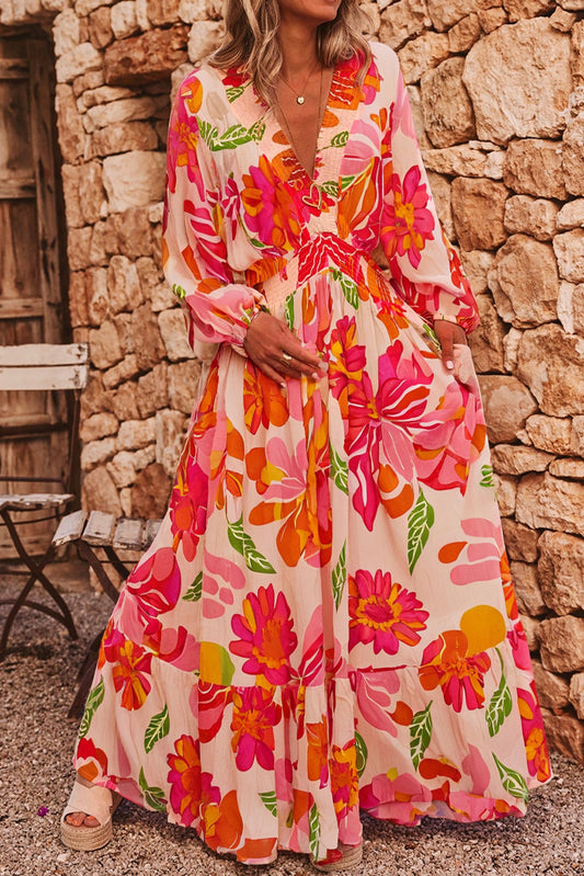 Beige Floral Print Smocked Detail V Neck Puff Sleeve Flowy Maxi Dress