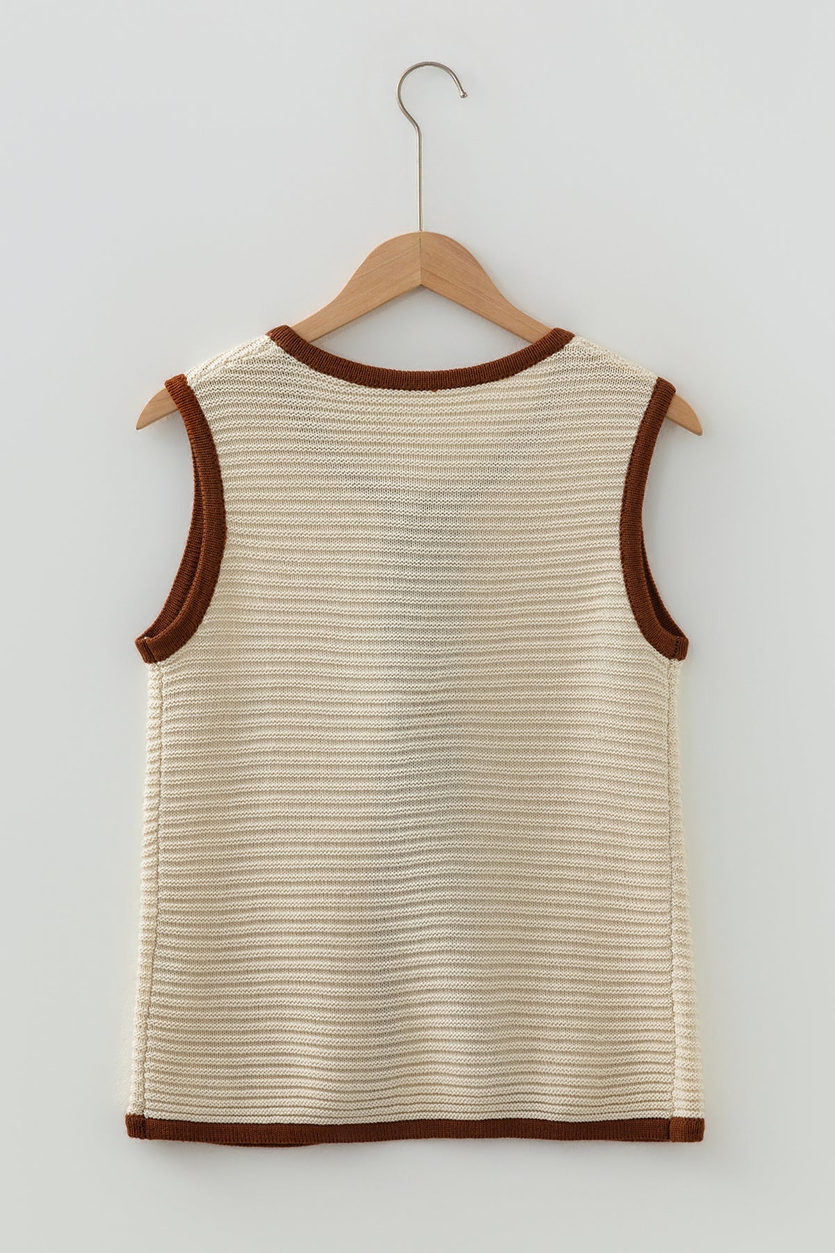 White Horizontal Ribbed Knit Contrast Trim Ties Front Sweater Vest