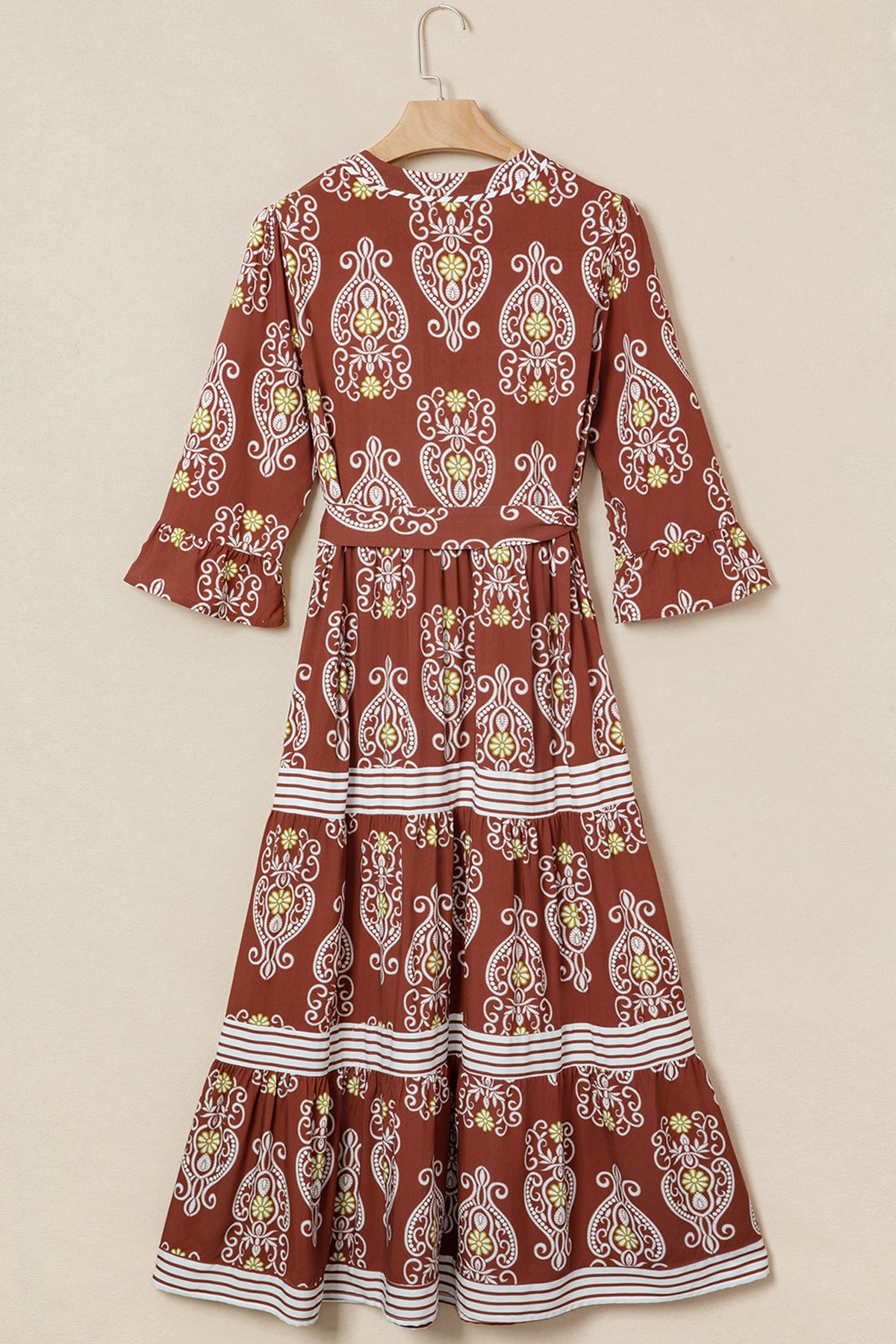 Brown Floral Print Belted Striped Trim Tiered Maxi Dress