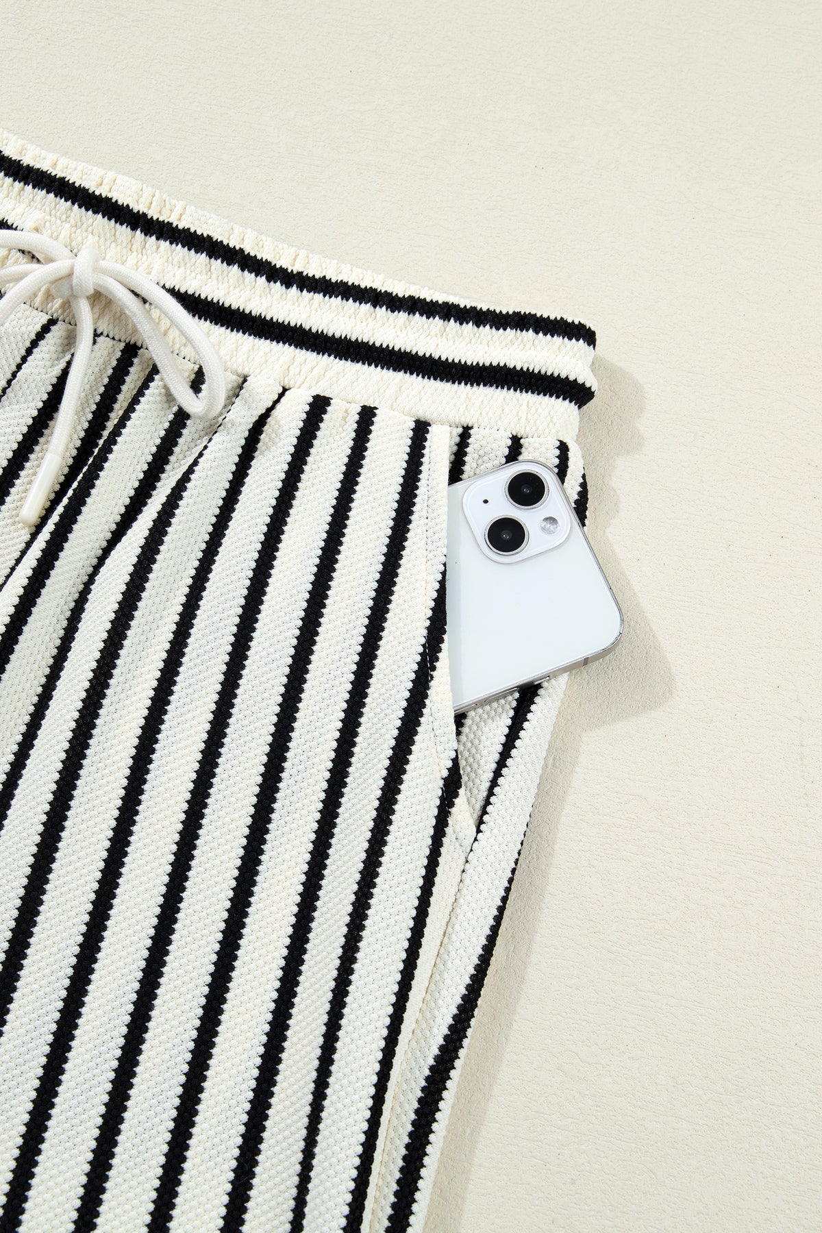 White Stripe Ruffle Trim Drop Shoulder Top Drawstring Loose Pant Set