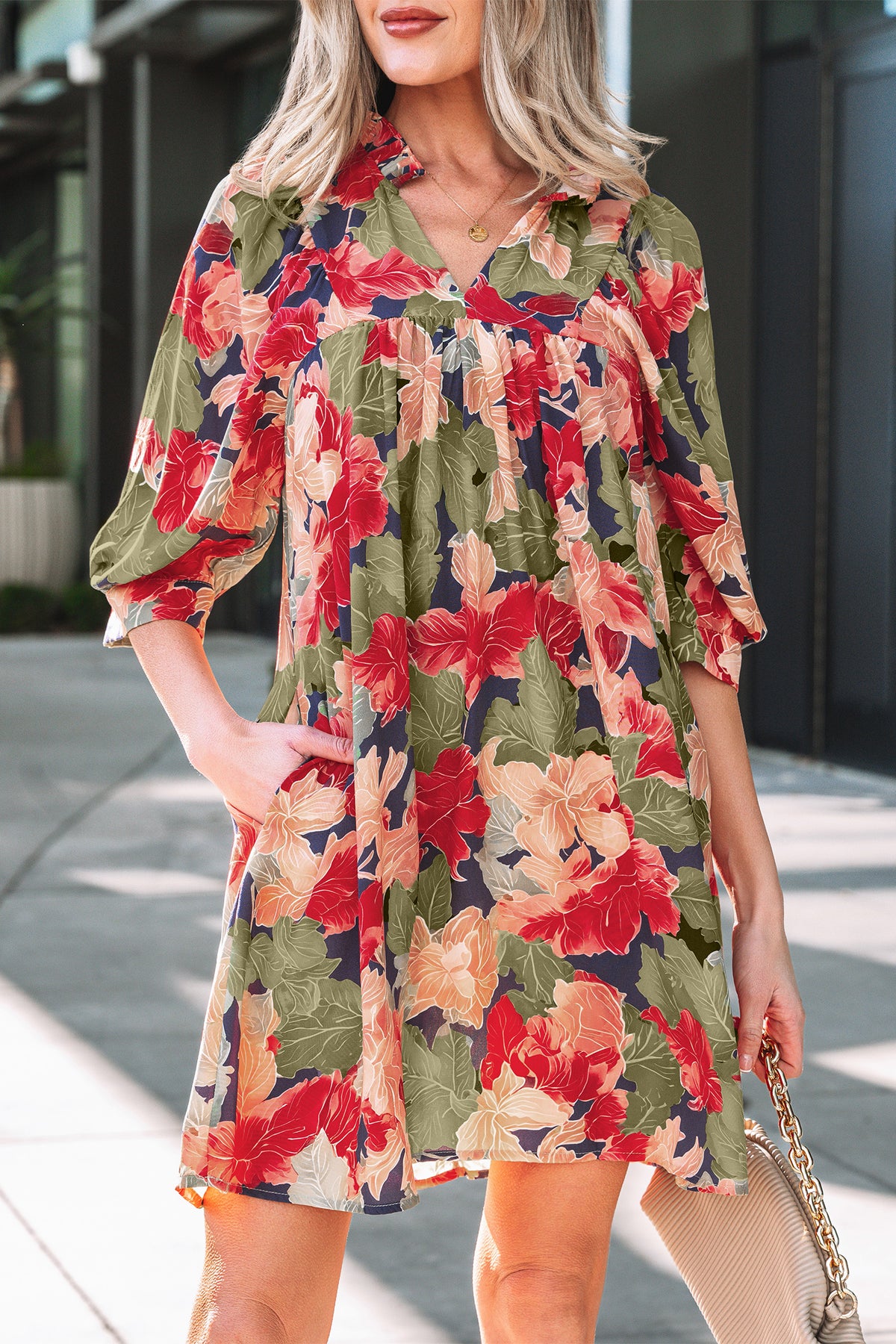 Green Floral Print Frilled Collar V Neck Half Sleeve Mini Dress