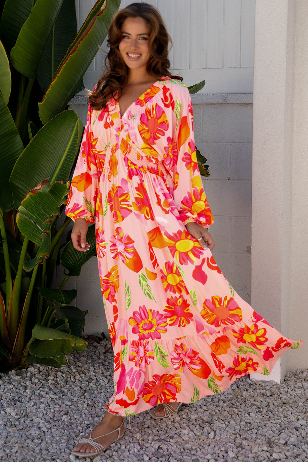 Beige Floral Print Smocked Detail V Neck Puff Sleeve Flowy Maxi Dress