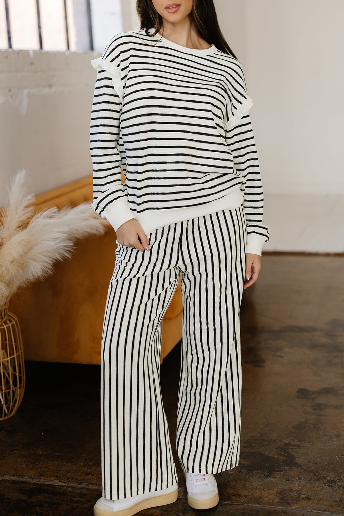 White Stripe Ruffle Trim Drop Shoulder Top Drawstring Loose Pant Set