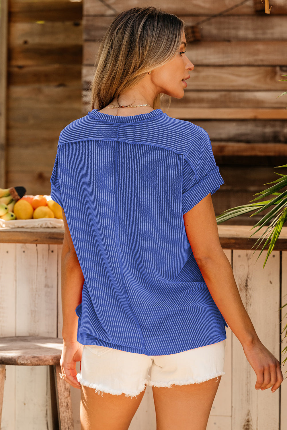 Dark Blue Textured Knit Exposed Stitching T-shirt