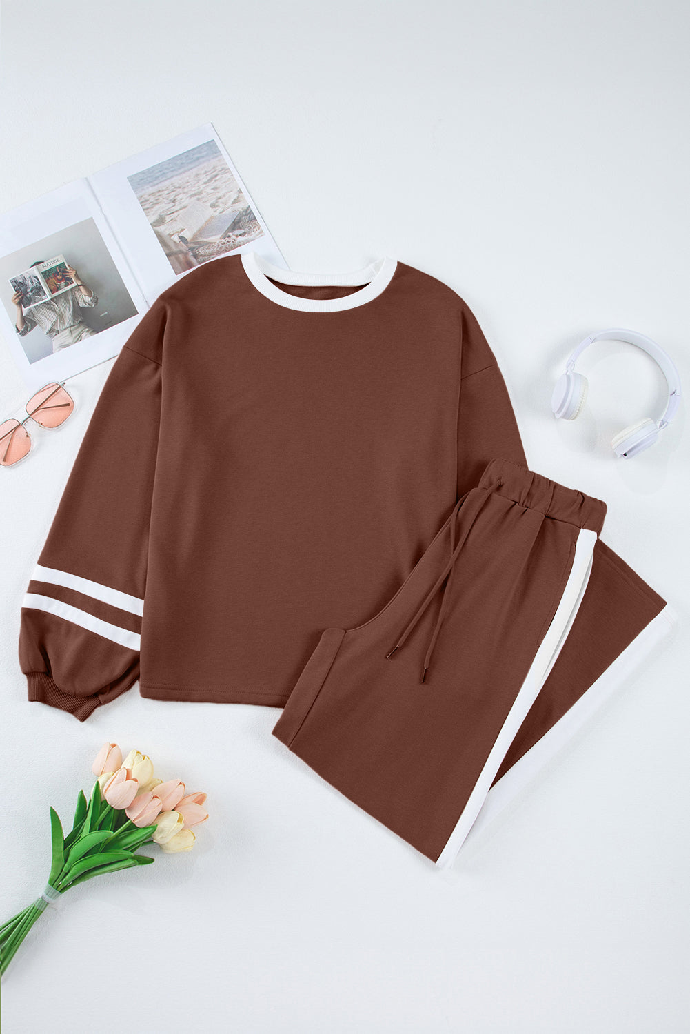 Chestnut Varsity Stripe Patchwork Puff Sleeve Pullover Drawstring Wide Leg Pant Set